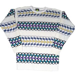 Vintage 1980s Sweater Womens Large Out of Bounds Patterned Dad Knit Crewneck